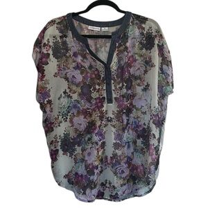 Liz Claiborne Purple Floral Sheer Blouse Size M P2P 24in